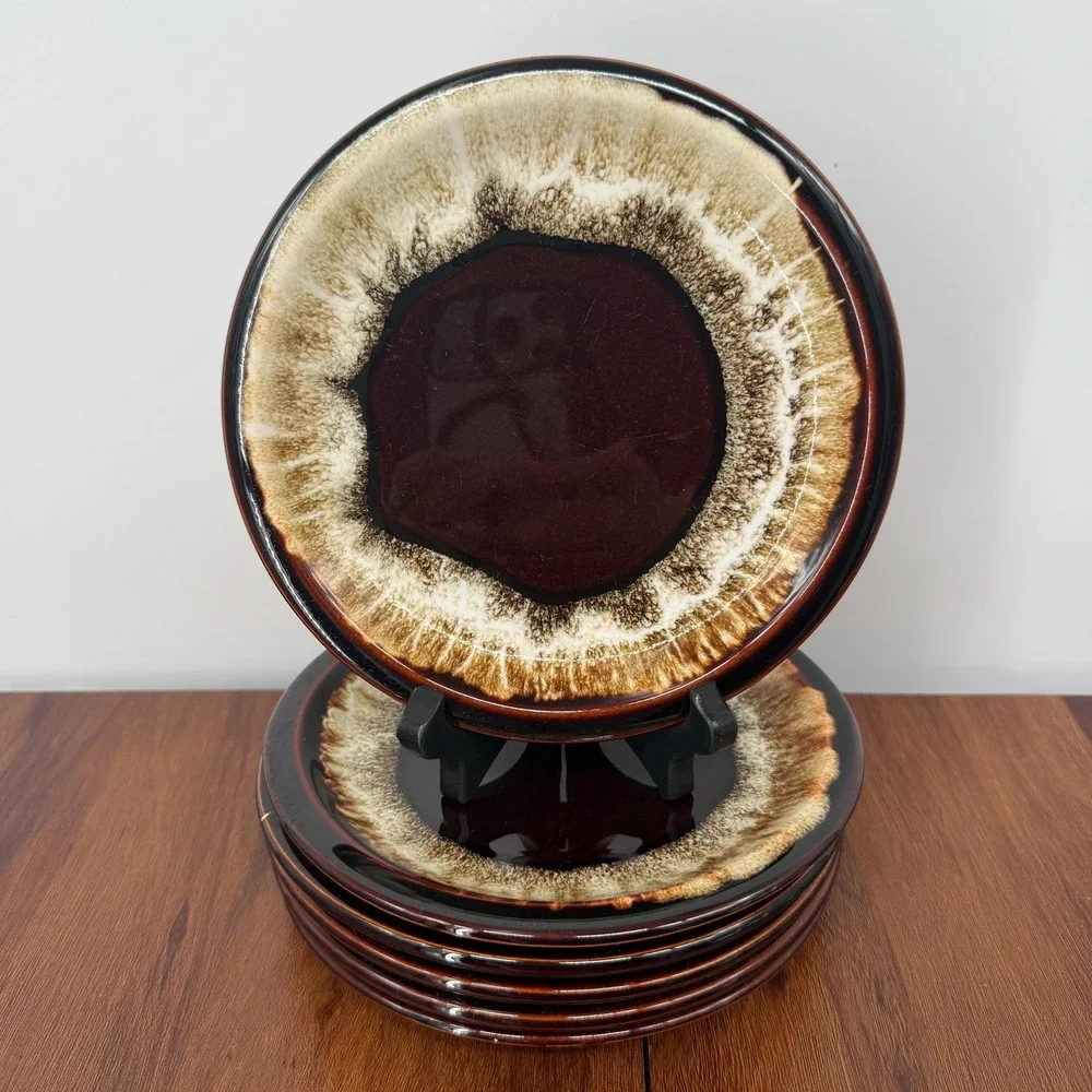 Pfaltzgraff 1970s Stoneware Drip Glaze Salad Lunch Plates Brown Set of 6 7.25